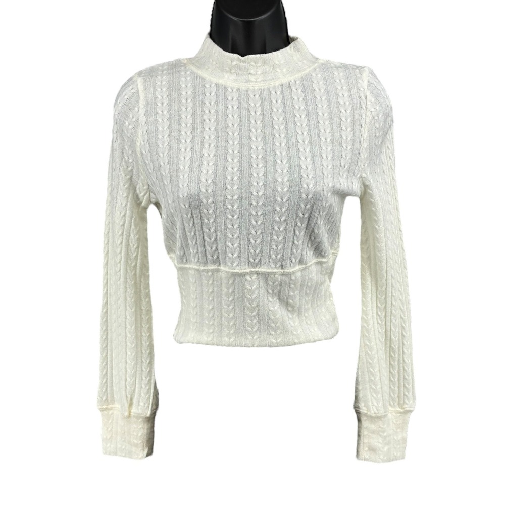 Band of the Free Ivory Cable Knit‎ Mock Neck Cropped Sweater Stretch NWT S